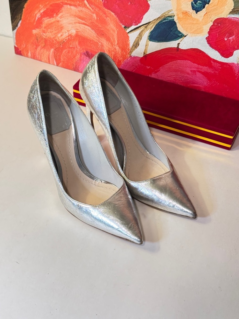 Dior Metallic Silver Pointed-Toe Stiletto Pumps - Picture 4 of 12